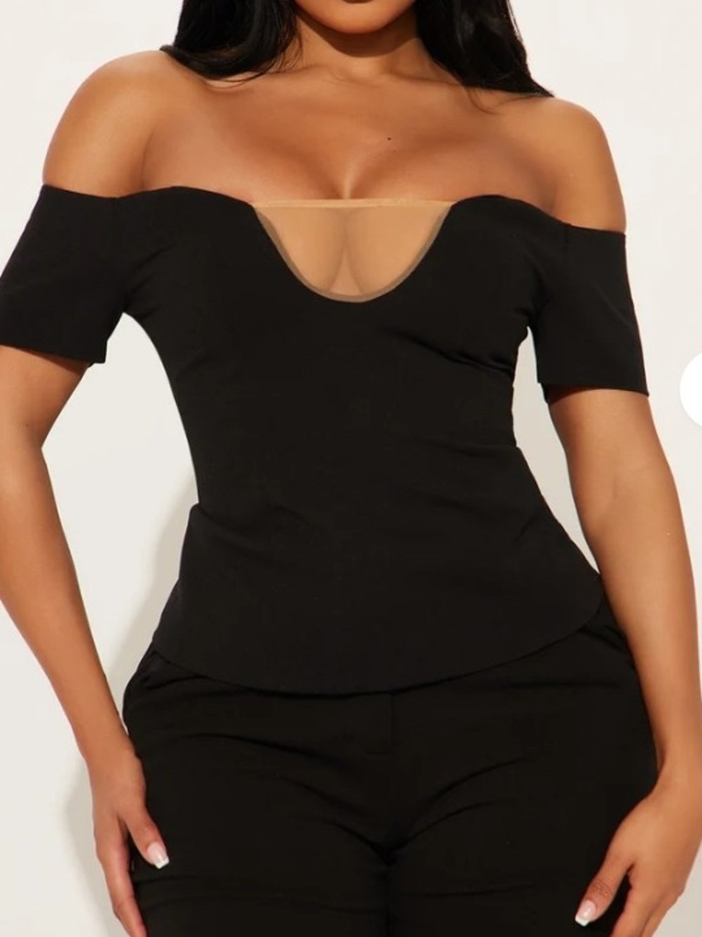 Fashion Nova Black Off-Shoulder Mesh Inset Crop Top